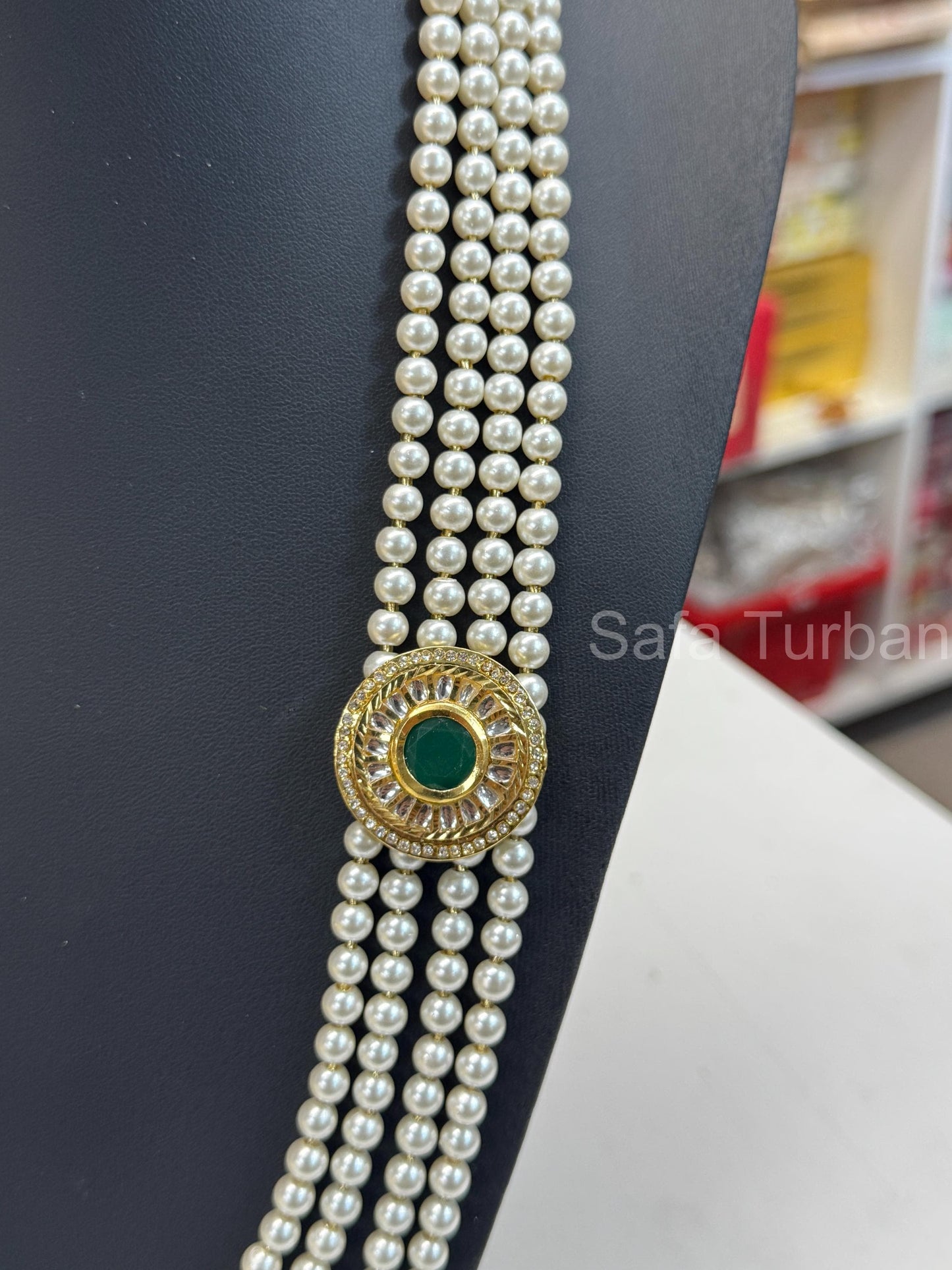 Indian Wedding-Pearl Necklace with Brooch (Green Stone), four Layered Maharaja Haar/ Necklace for Groom for Wedding