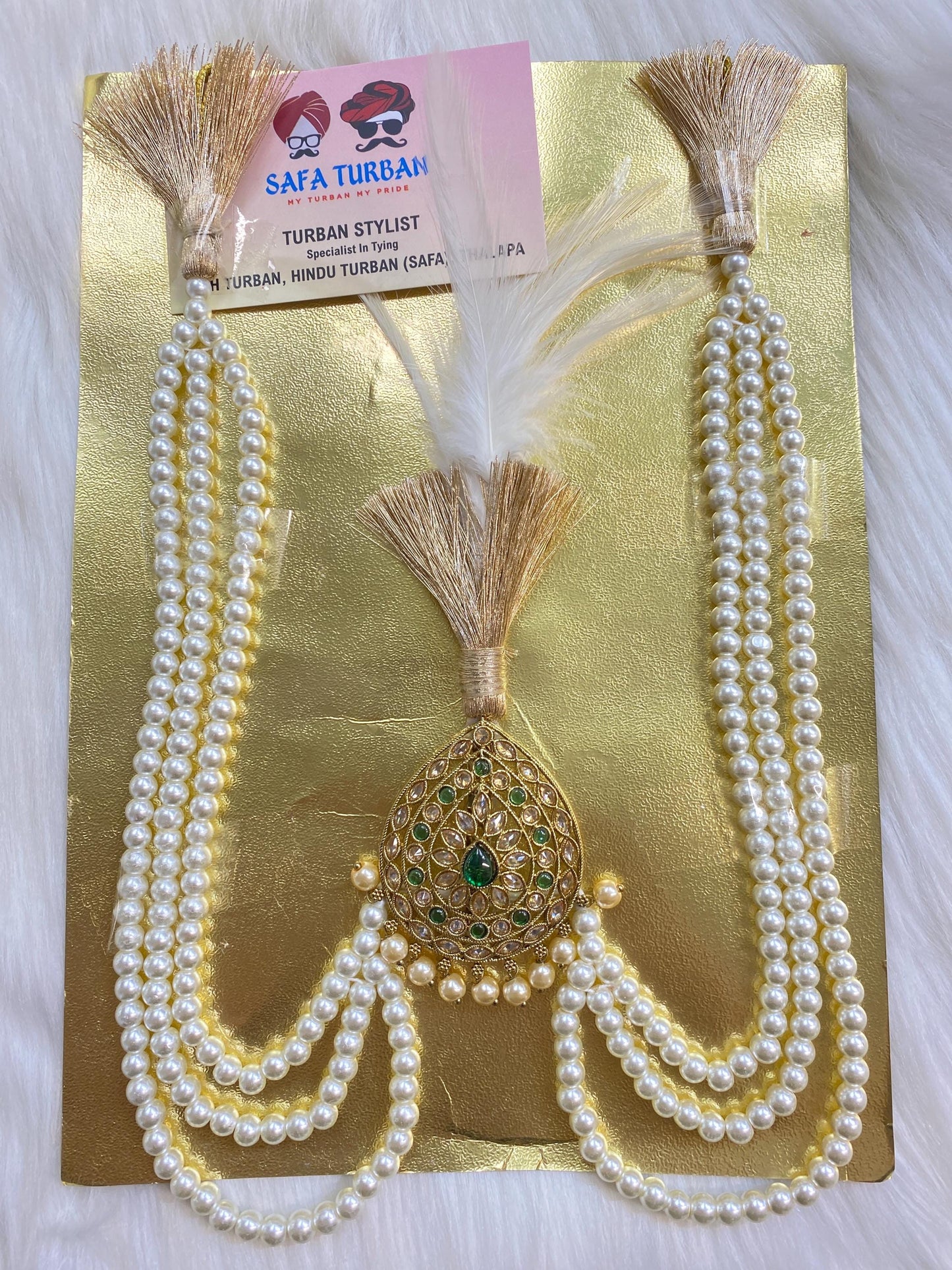 Indian Wedding Accessories-  Kalangi/Kalgi for Men's Safa/Groom Turban (Golden and Green stones with pearl string chain)