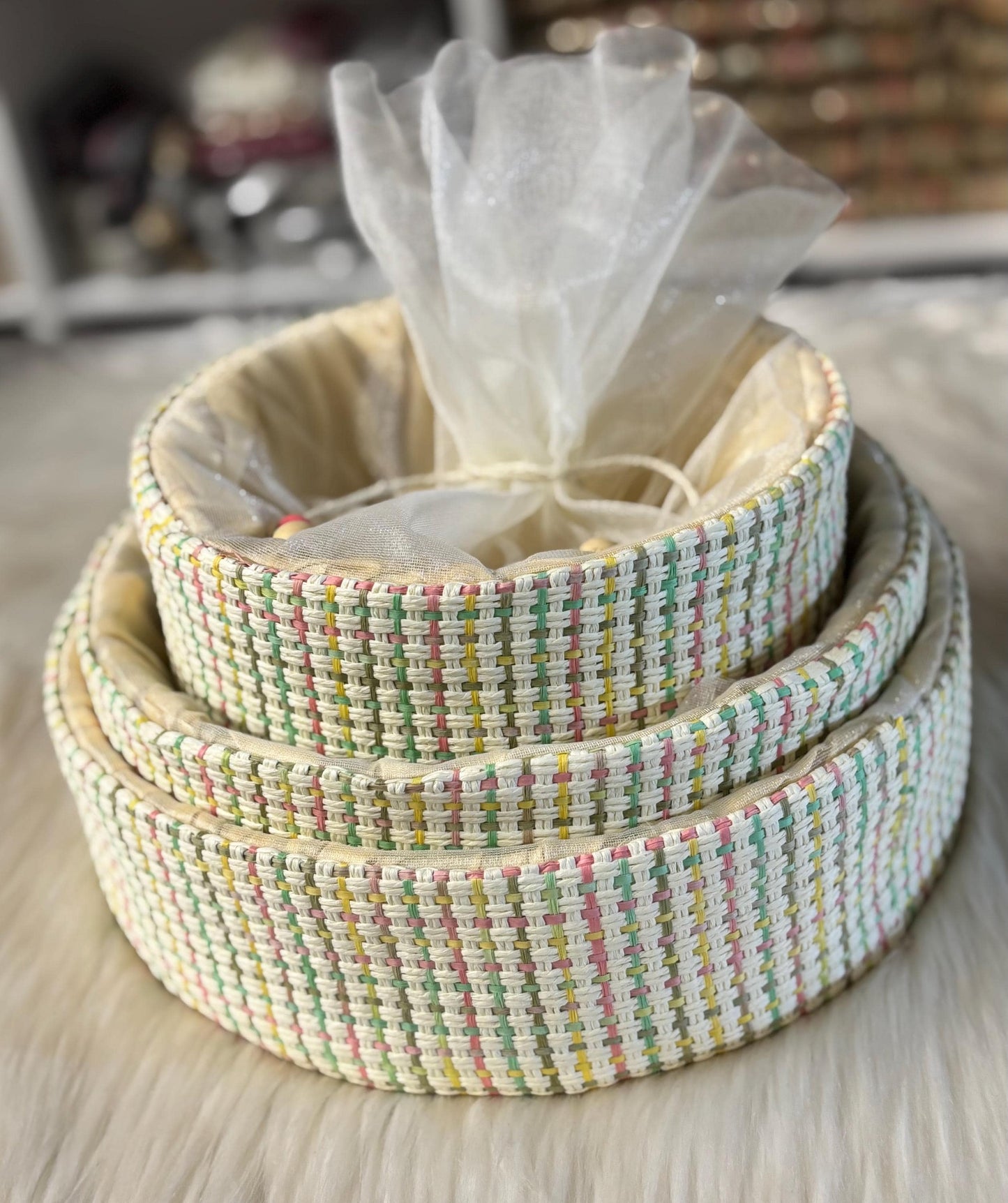 Fancy Gift Hamper Basket, Wedding Gift Packing Basket, Basket with Net, Wedding Hamper Trays, Pack of 3