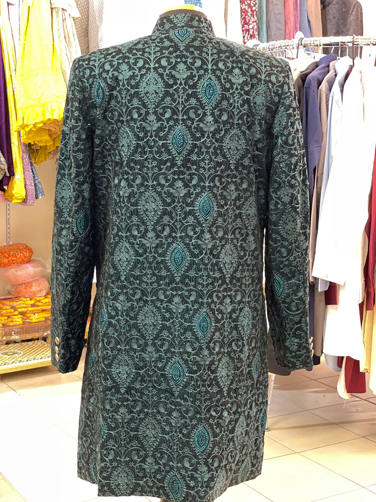 Designer Black Indo Western Coat For Men With Teal Green Embroidery