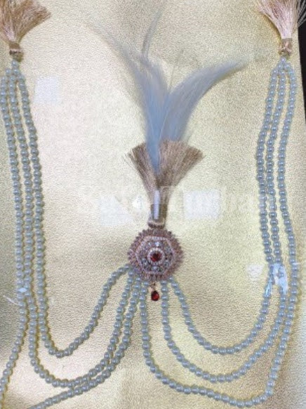 Indian Wedding Accessories-  Kalangi/Kalgi for Men's Safa/Groom Turban (multicolored gemstone with white pearl string chain)