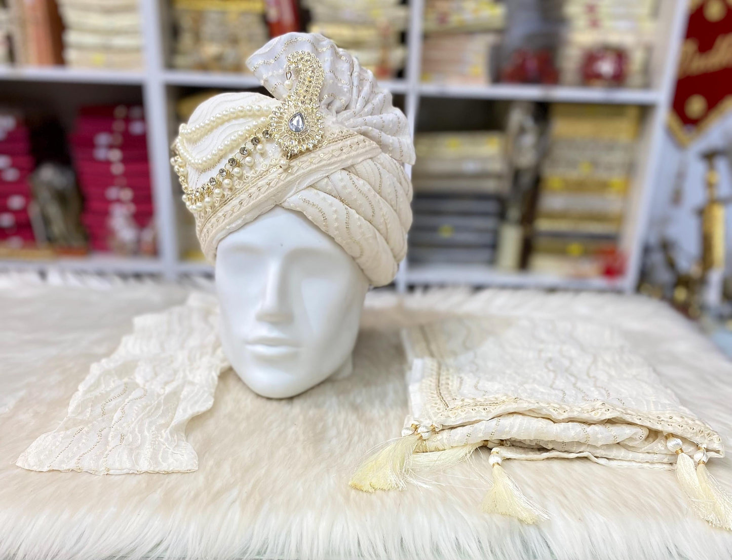 Groom Wedding Turban-Cream chiffon Turban with Palla- Safa Turban/Pagdi/Premade Turban/ Wedding Safa/Turban/Pagdi for Men (Groom)/ Thalapa