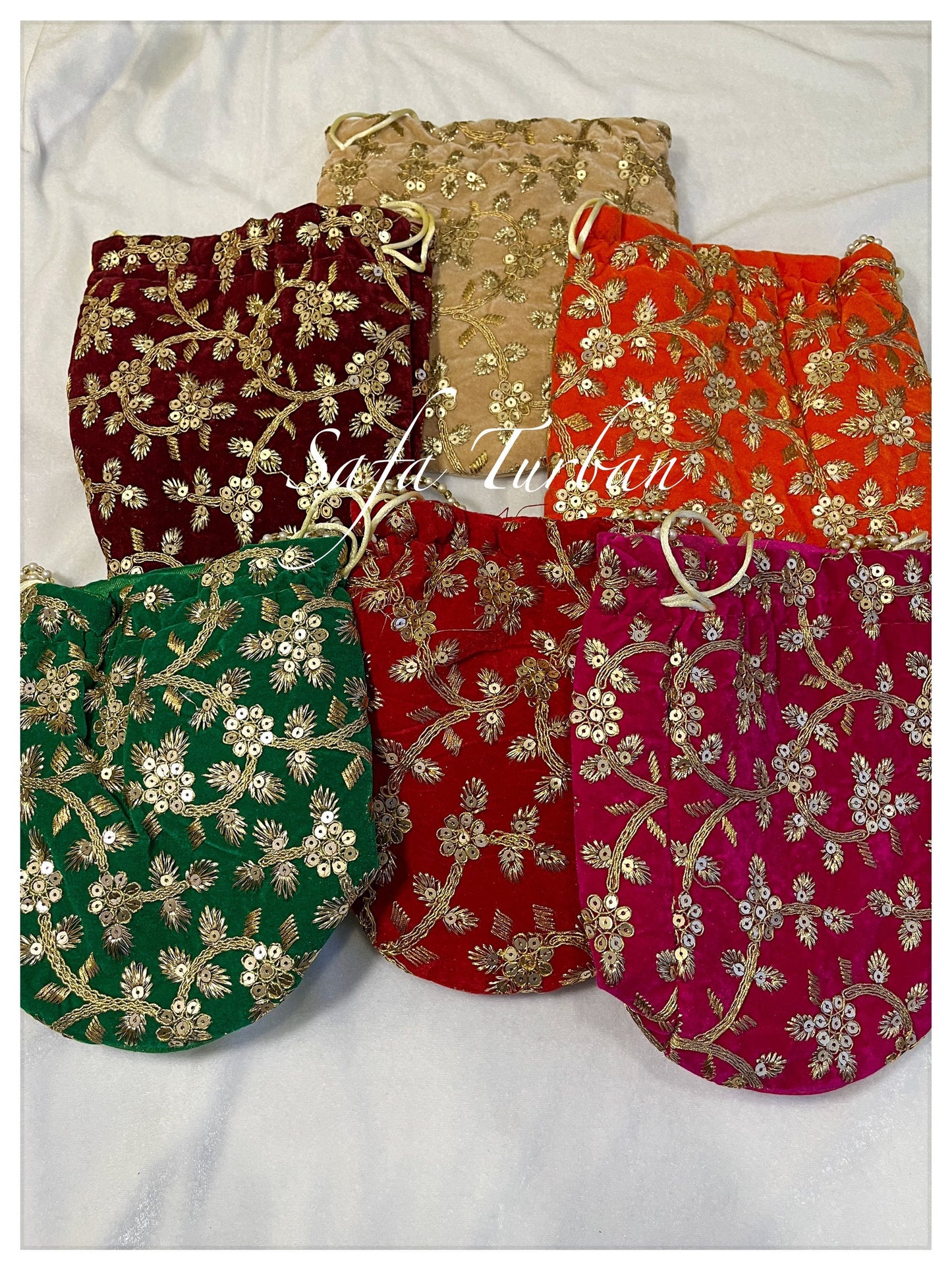 Multi Colour Potli Bag for women with Golden Embroidery and Pearl Handle