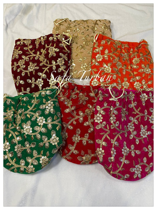 Multi Colour Potli Bag for women with Golden Embroidery and Pearl Handle