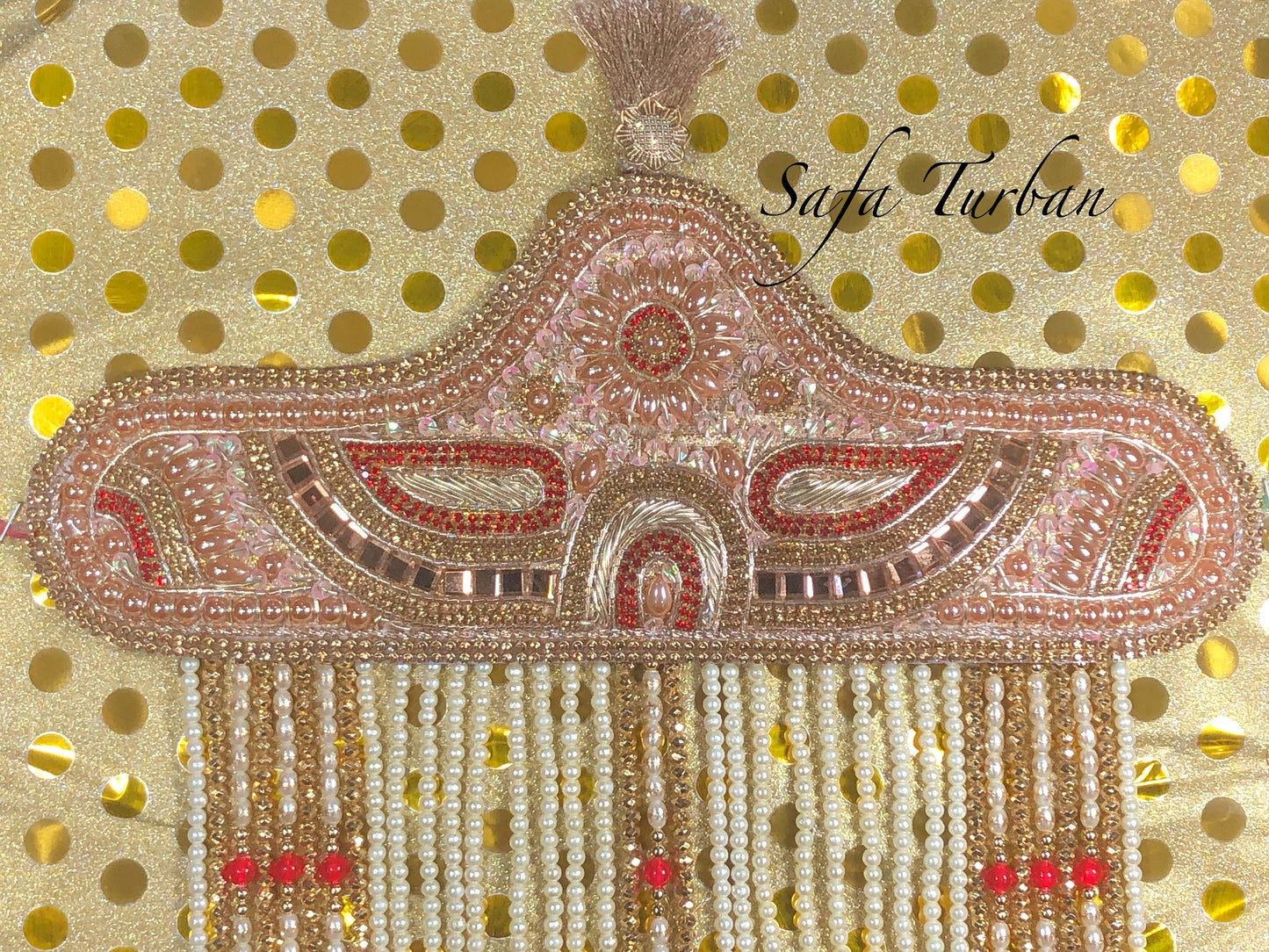 Indian Groom Sehra- Indian Wedding Accessories- Golden Sehra with White and Red Pearl