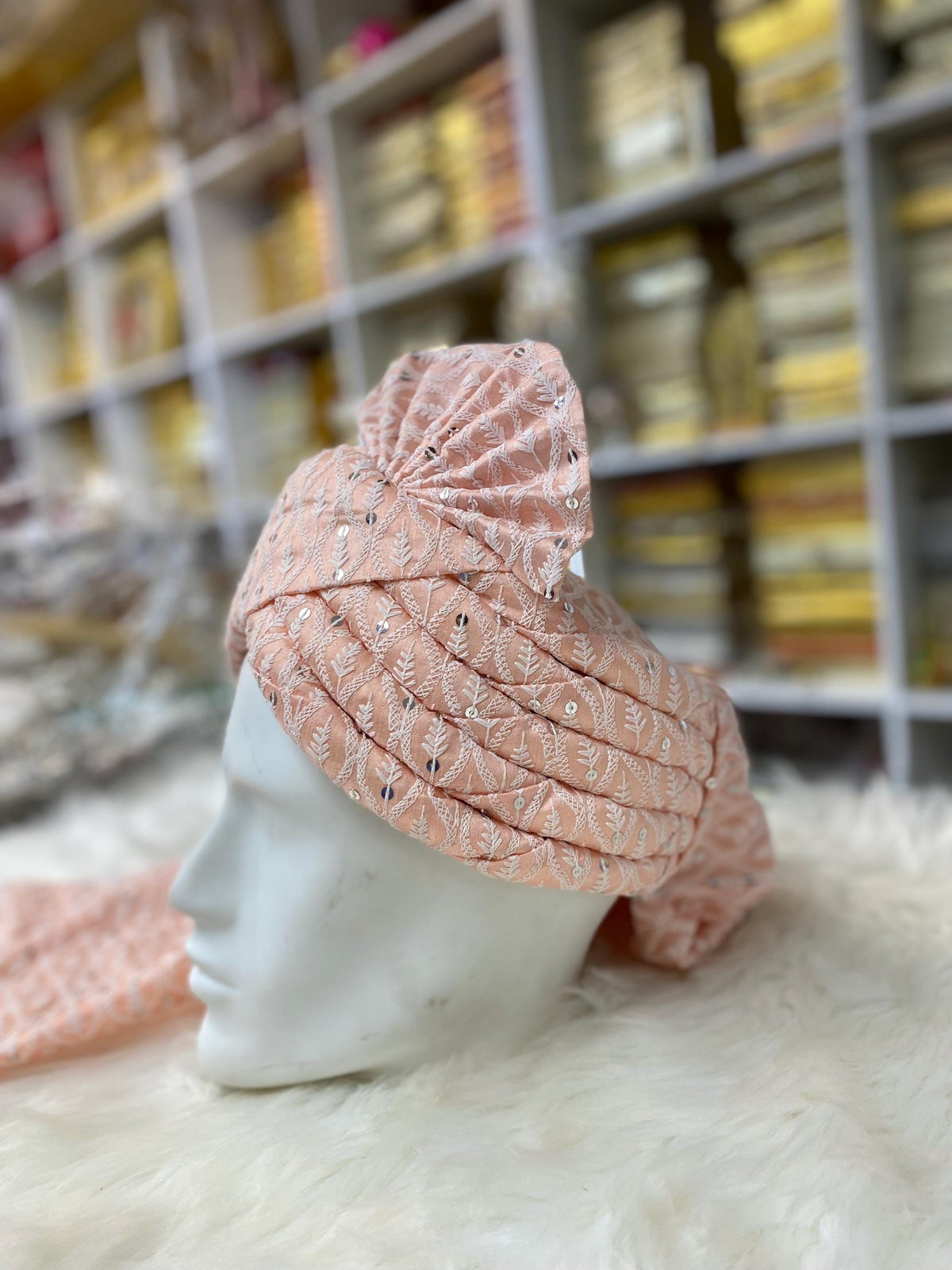 Groom Wedding Turban- Peach Chikankari AdjustableTurban(with velcro)- Safa Turban/Pagdi/Premade Turban/ Wedding Safa/Turban/Pagdi for Men