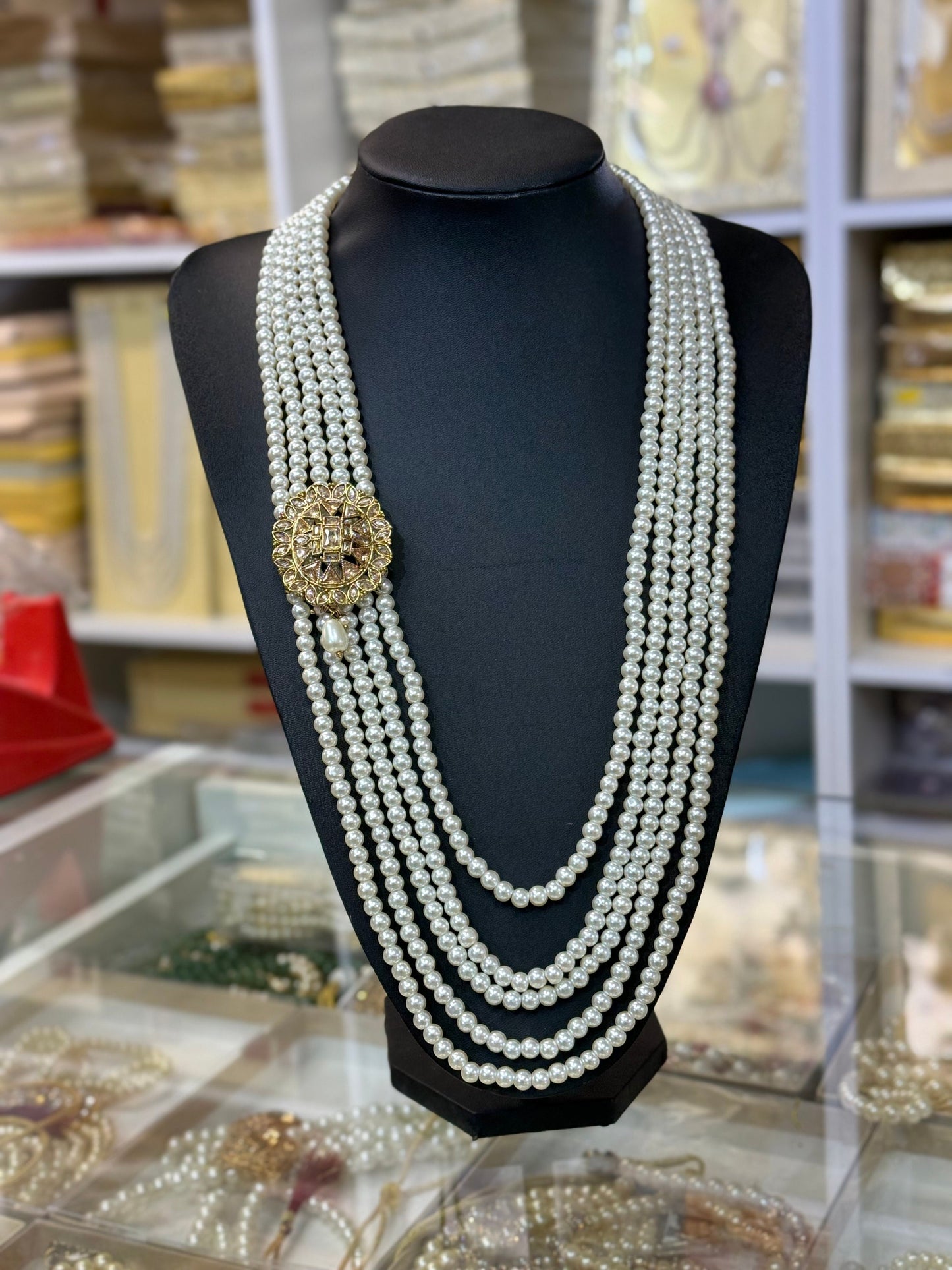 Indian Wedding- Pearl Stone Five Layer  Studded Necklace for Men/Groom for Wedding