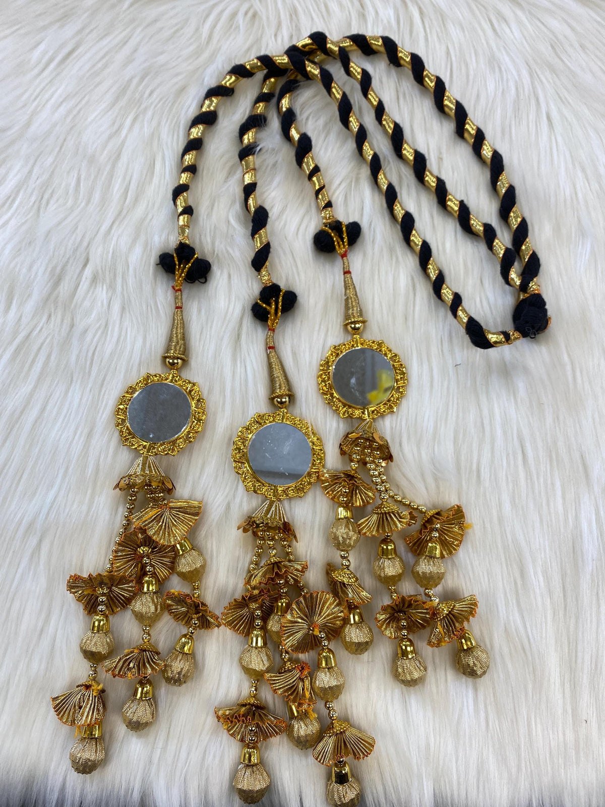 Punjabi Golden and multi Colour Fabric Parandi Tassles Hair Extensions with Beads for Women and Girls (Sold per piece)