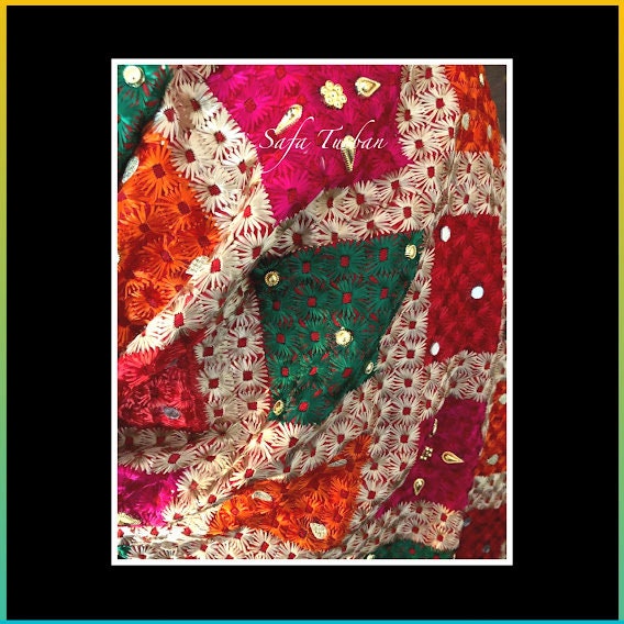 Phulkari Dupatta- Women's Chiffon Phulkari Dupatta, Scarf, Multicolour Fulkari Chunni, Dupatta