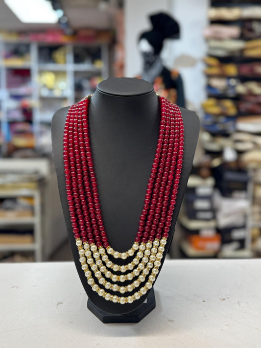 Indian Wedding- Red/Maroon (Bright Red) - White Pearl Necklace for Men/Groom for Wedding