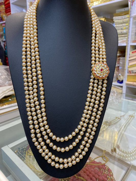 Indian Wedding-Pearl Necklace with Brooch, four Layered Maharaja Haar/ Necklace for Groom for Wedding