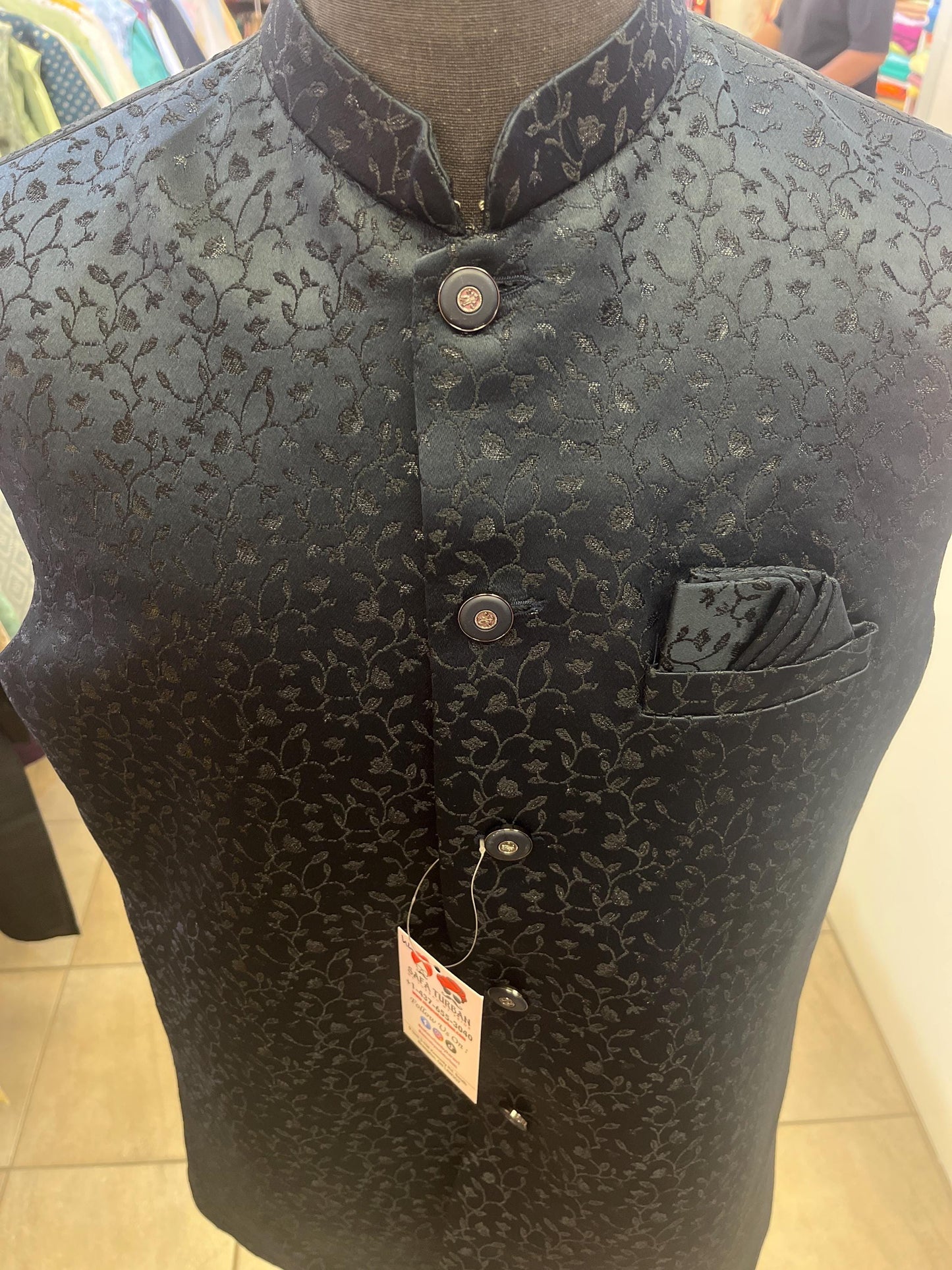 Designer Navy Blue Whote Floral Men Vests- Wedding Vest, Kurta Pajama Vest, Prom Party Dress, Casual Wear (Size available 38,40,42,44,46)