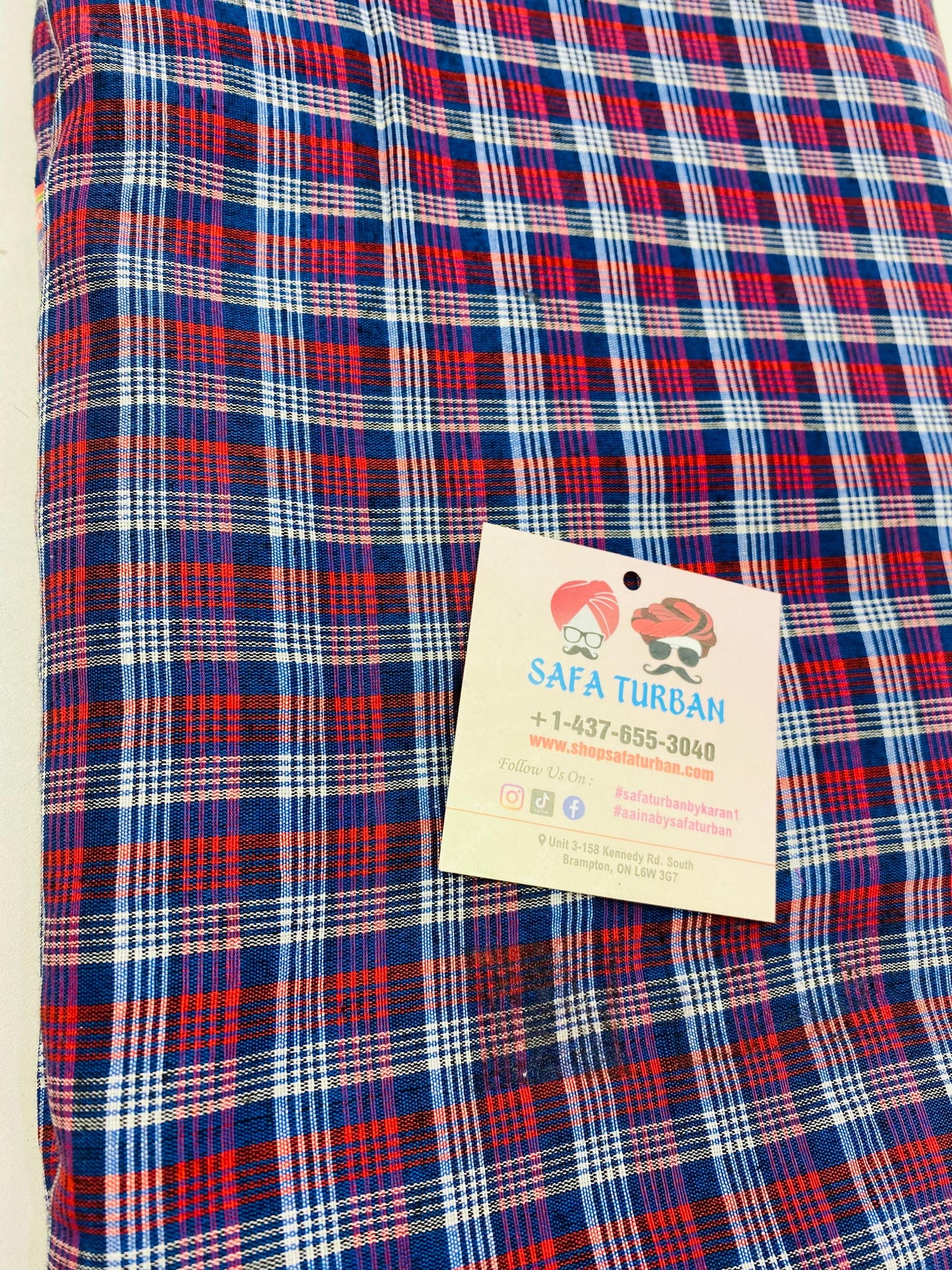 Sikh Desi Parna- Unstitched Royal Blue, White and Red Check Turban (Dabbi wala Parna)