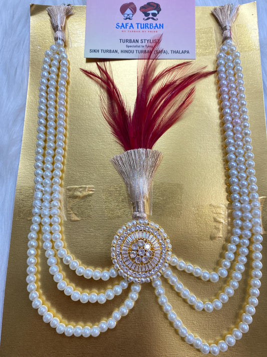 Indian Wedding Accessories-  AD-Golden Kalgi For Groom Turban/Safa With Pearl Stands