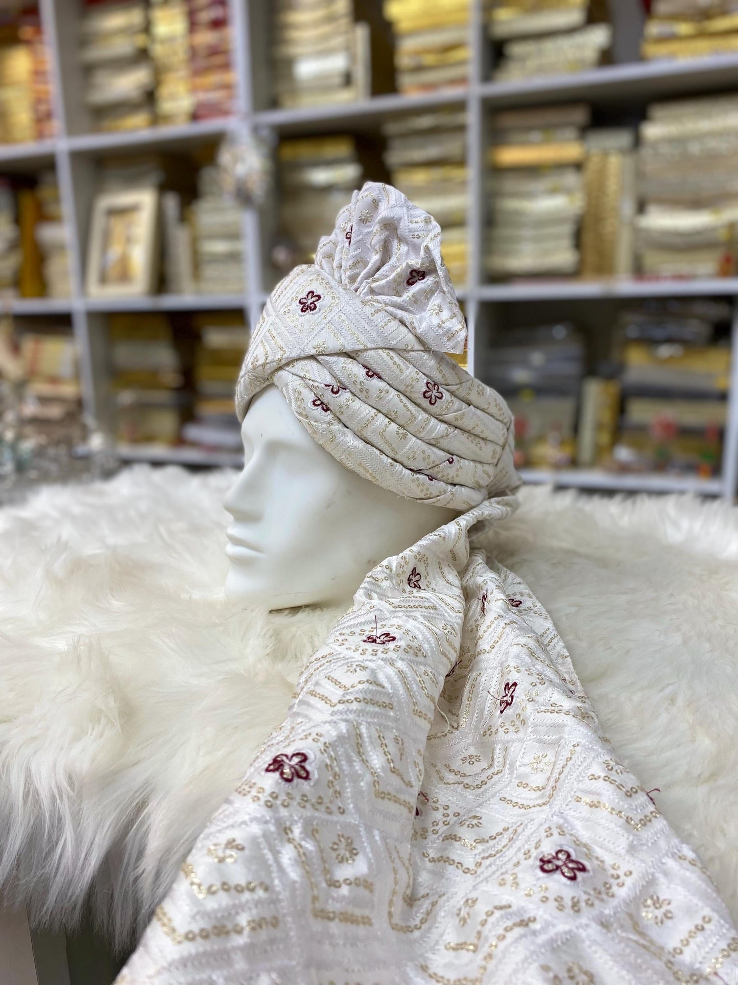 Groom Wedding Turban- White Chikankari AdjustableTurban(with velcro) with Maroon Flower Design- Safa, Pagdi, Premade Turban/ Wedding Safa
