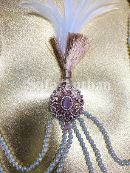 Indian Wedding Accessories-  Kalangi/Kalgi for Men's Safa/Groom Turban (Pink American Diamond brooch with white pearl string chain)