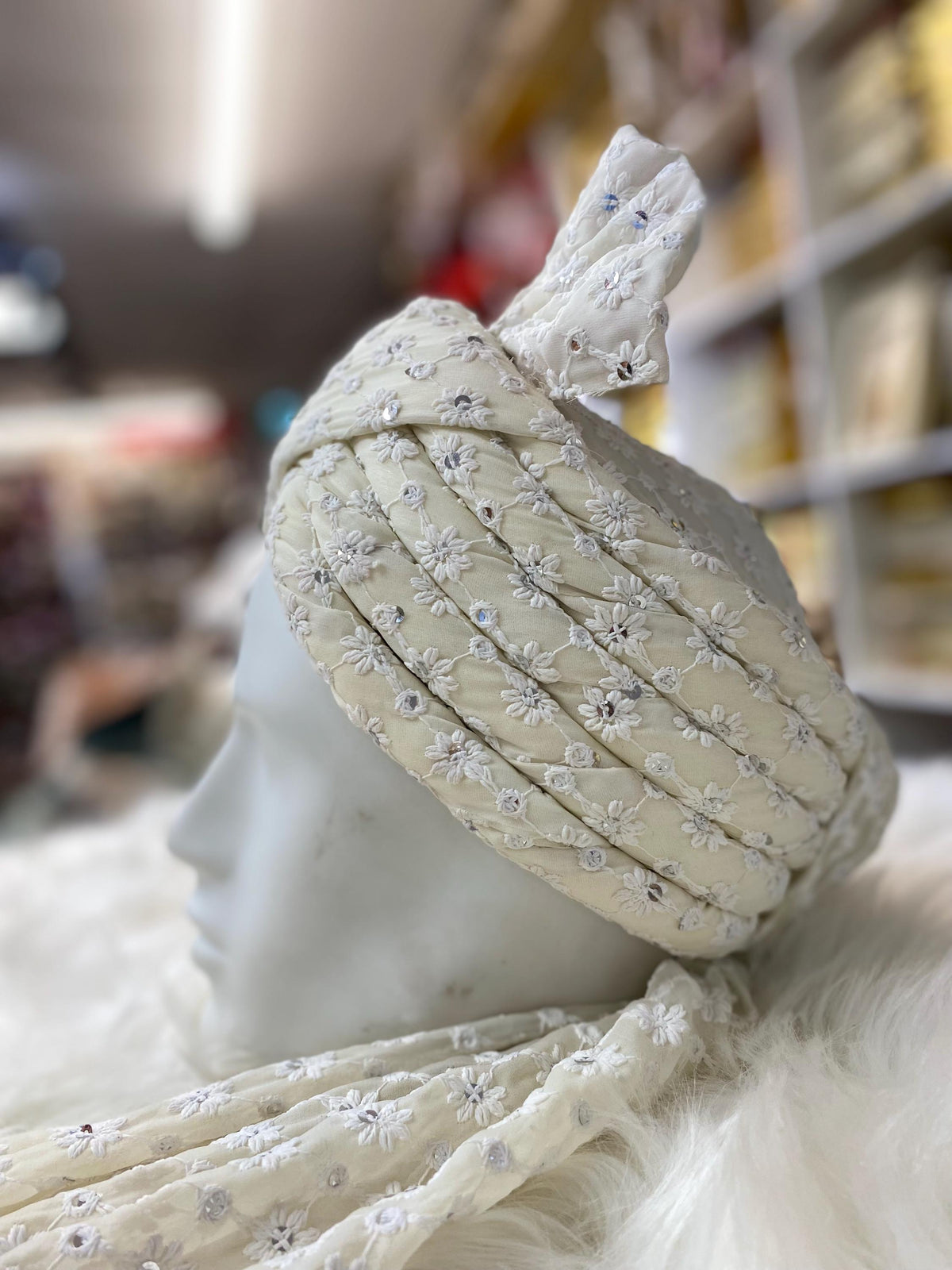 Groom Wedding Turban- Beigh/Cream Chikankari Adjustable Turban(with velcro)- Safa Turban/Pagdi/Premade Turban/ Wedding Safa/Turban