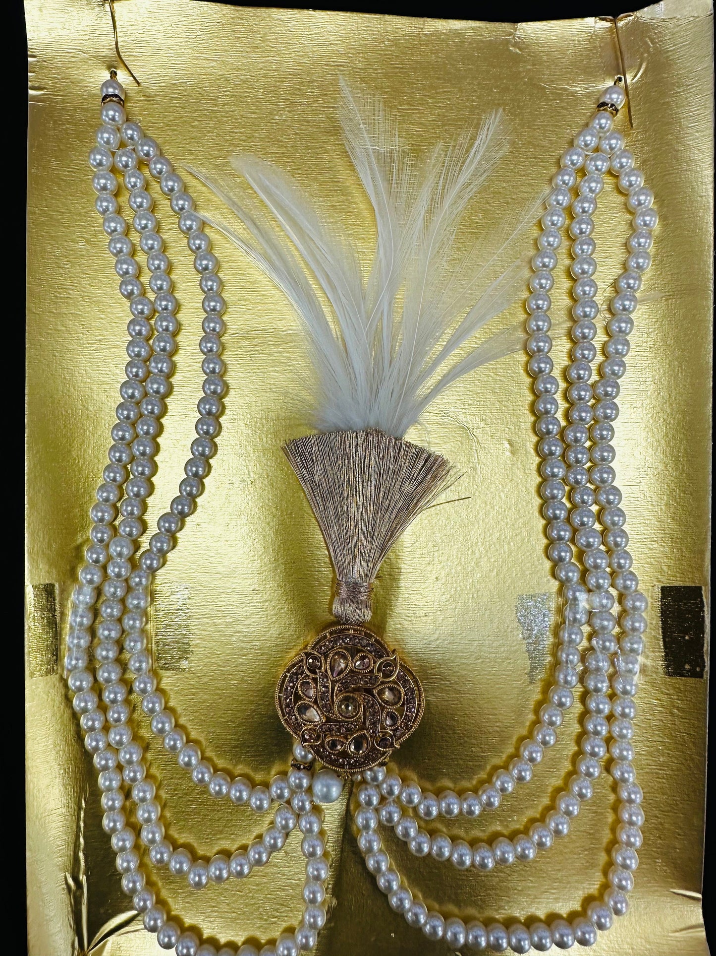 Kalgi  and Pearl Necklace- Kundan Kalangi/Kalgi, Pearl Necklace with Kundan Brooch for Men's Safa/Groom Pagdi
