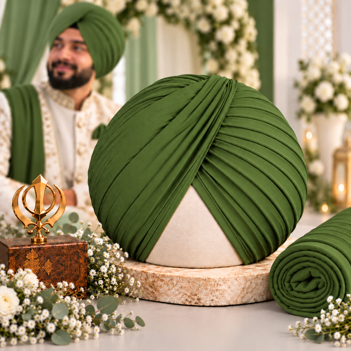 Sikh Turban- Farmer Green (Full Voile and Rubia(Medium)/Half and Half Voile)