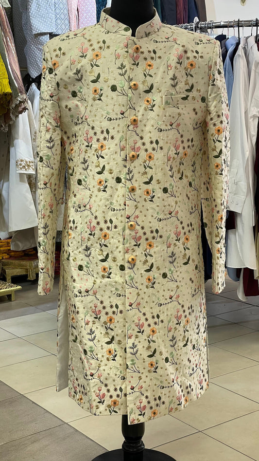 Groom Wedding Sherwani Outfit- White Multicolored Indo Western Coat (Sherwani) With Embroidery