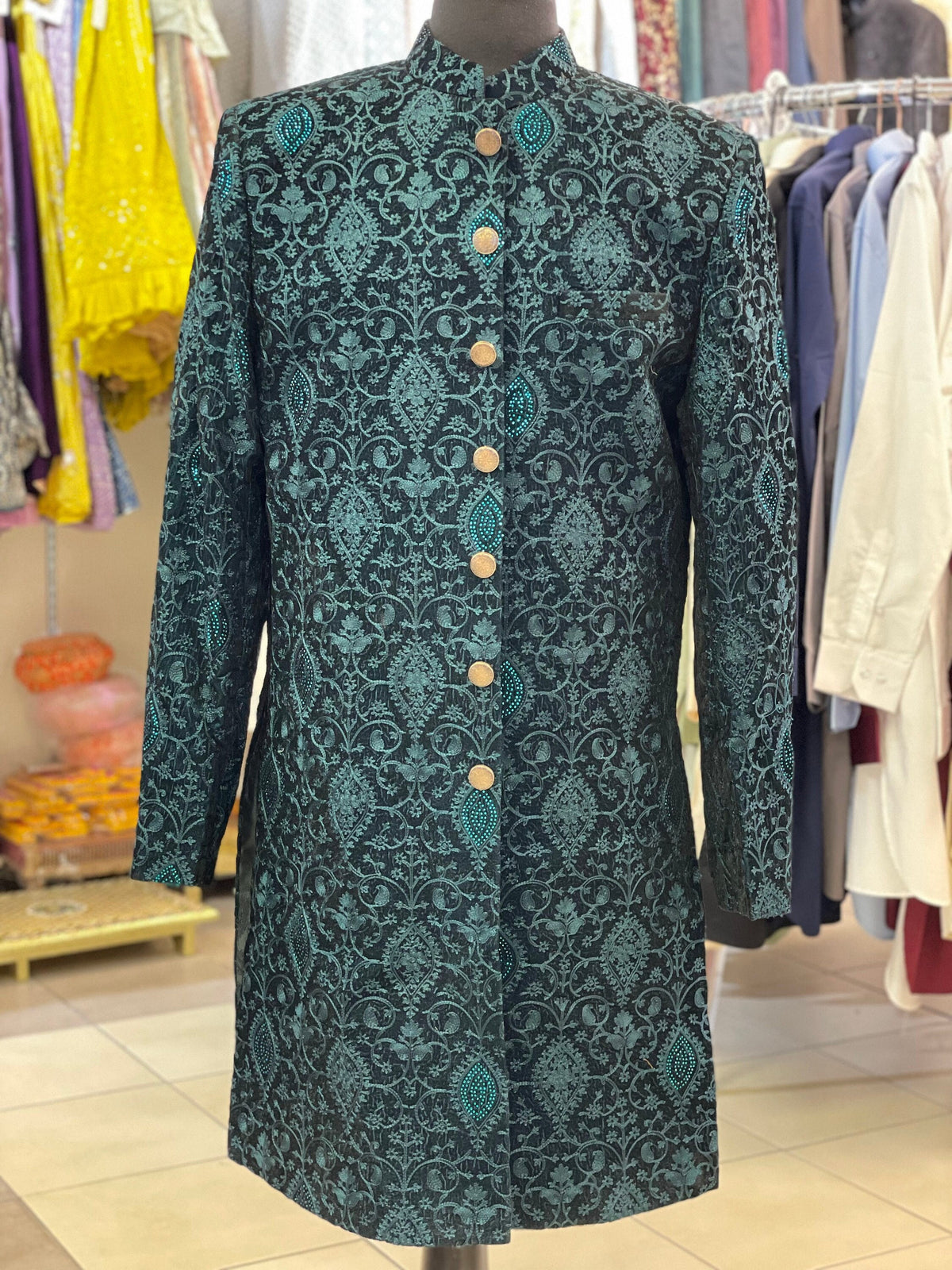 Designer Black Indo Western Coat For Men With Teal Green Embroidery