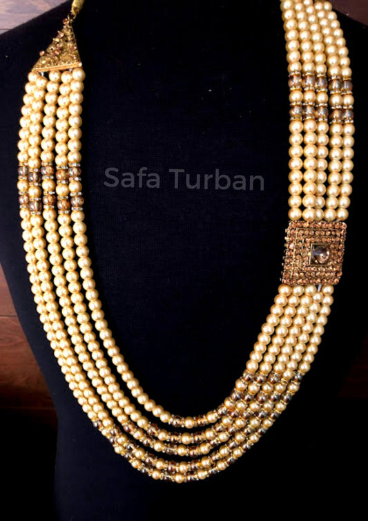 Indian Wedding- Pearl Necklace with Kundan Brooch for Men/Groom for Wedding (Cream/Golden Beads)