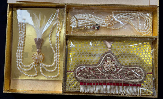 Kalgi, Sehra and Pearl Necklace Set -  Kalangi/Kalgi, Traditional Sehra, Pearl Necklace with Brooch for Groom (Trio Combo)