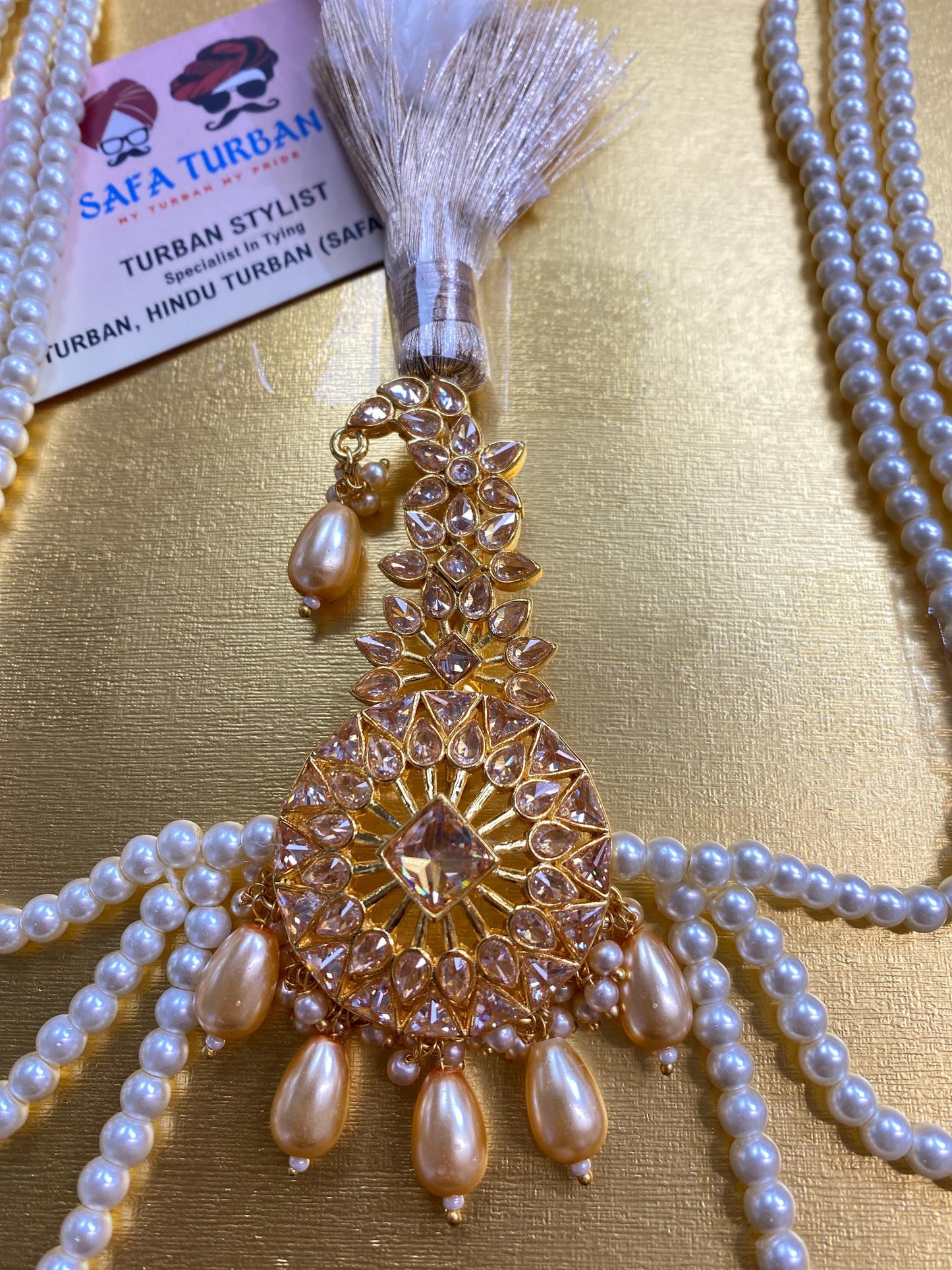 Indian Wedding Accessories-Golden Kalgi For Groom Turban/Safa With Pearl Stands