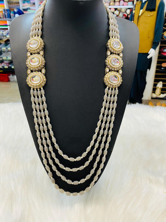 Indian Wedding-Grey PearlFour layer Necklace with Kundan Brooch for Men/Groom for Wedding (Grey/Golden Beads)