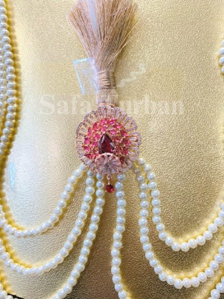 Indian Wedding Accessories-  Kalangi/Kalgi for Men's Safa/Groom Turban (With Multicolored Gemstone and White Pearl String Chain)