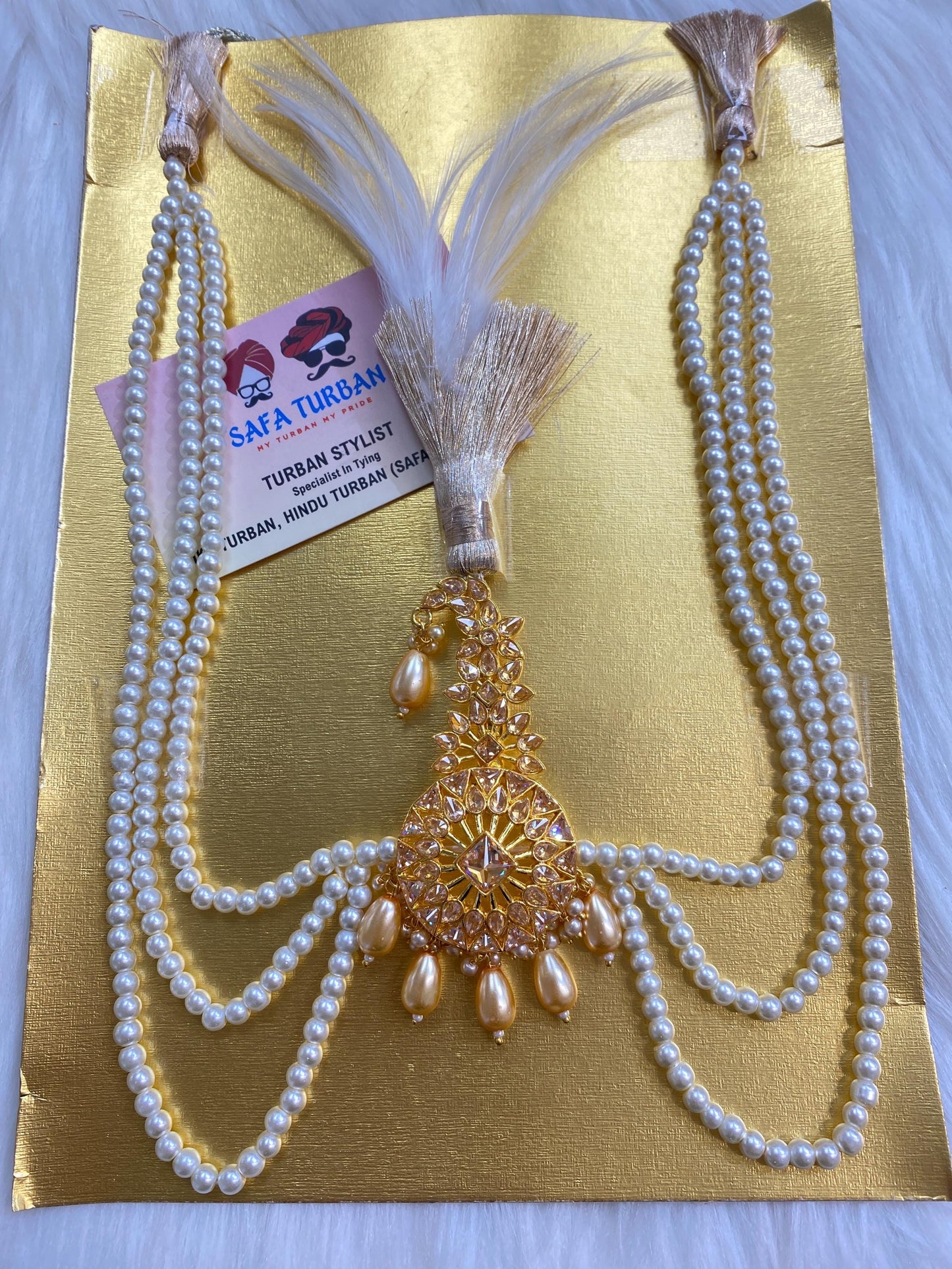 Indian Wedding Accessories-Golden Kalgi For Groom Turban/Safa With Pearl Stands