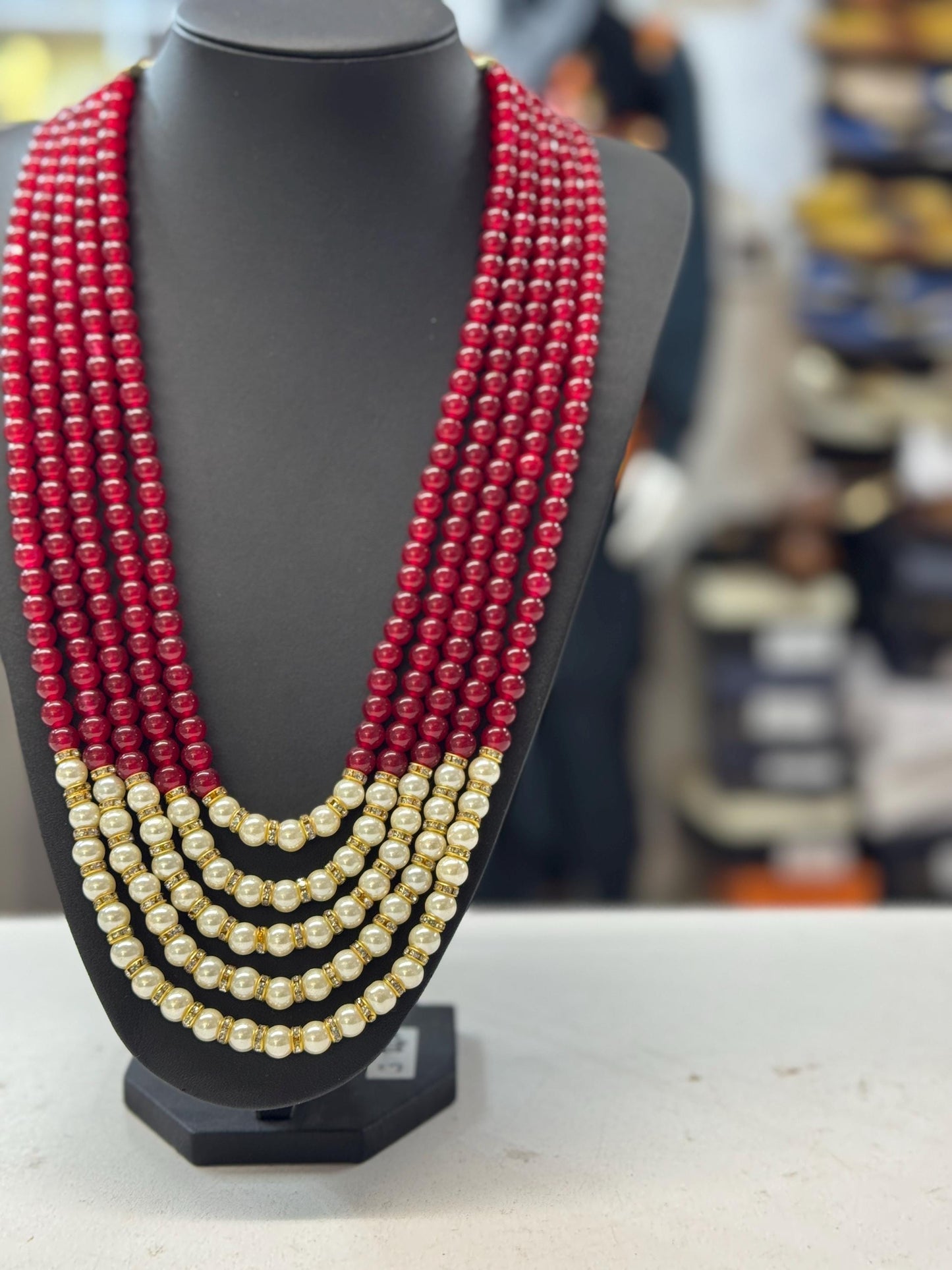 Indian Wedding- Red/Maroon (Bright Red) - White Pearl Necklace for Men/Groom for Wedding