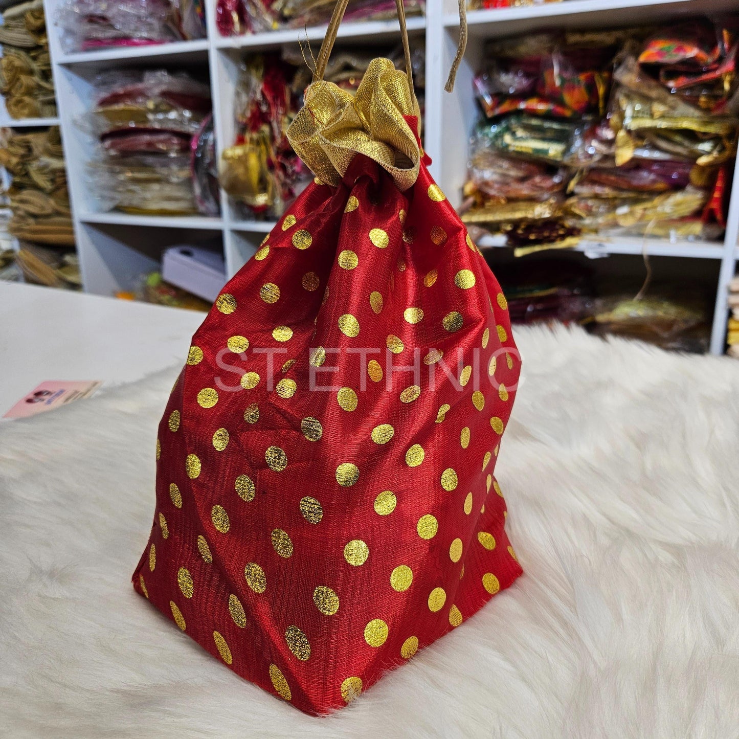 Indian Wedding- Desi Mithai/ Bhaji/Ladoo Bag- Potli Bag for Return Gifts Wedding II Sweets Bag Gift II Polka dot potli  (Red)