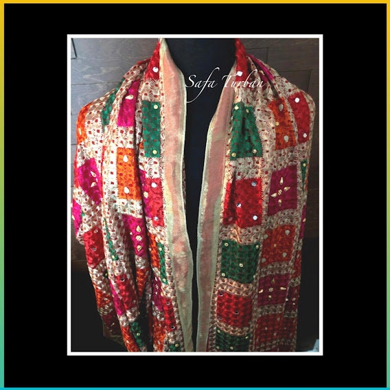 Phulkari Dupatta- Women's Chiffon Phulkari Dupatta, Scarf, Multicolour Fulkari Chunni, Dupatta