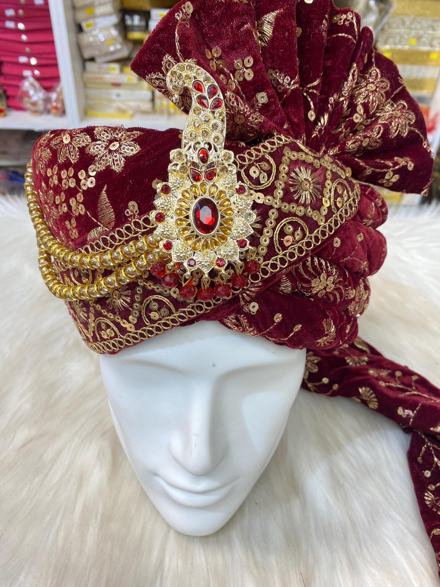 Groom Wedding Turban-Red Velvet Turban with Shawl- Safa Turban/Pagdi/Premade Turban/ Wedding Safa/Turban/Pagdi for Men (Groom)