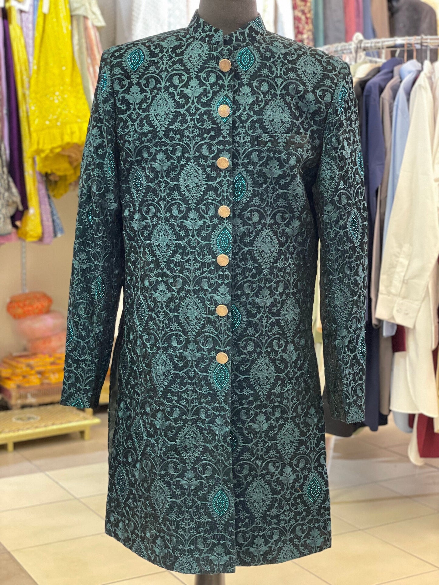 Designer Black Indo Western Coat For Men With Teal Green Embroidery