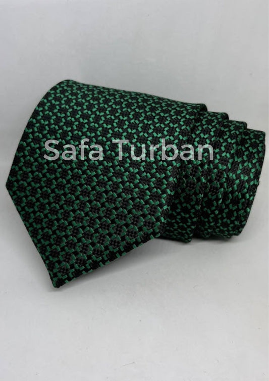 Mens Plaid Micro Self Silk Necktie Gift Set With Pocket Square (Dark Green/Black)