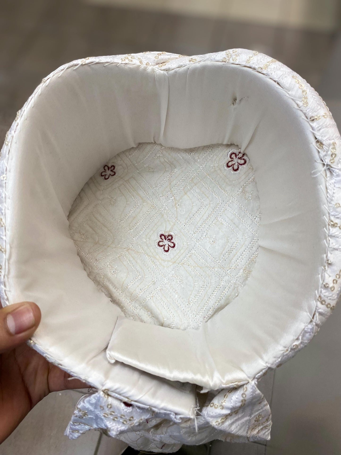 Groom Wedding Turban- White Chikankari AdjustableTurban(with velcro) with Maroon Flower Design- Safa, Pagdi, Premade Turban/ Wedding Safa