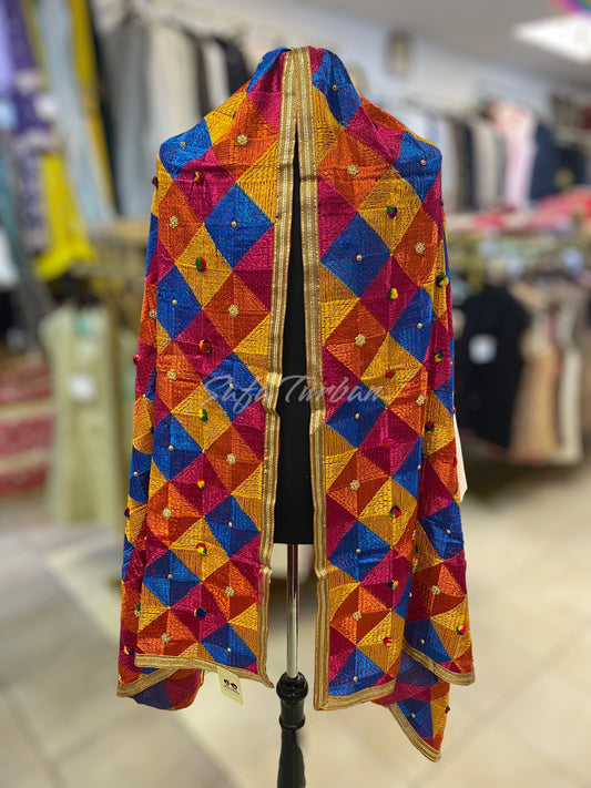 Phulkari Dupatta- Women's Phulkari Dupatta, Scarf, Multicolour Phulkari Chunni, Dupatta