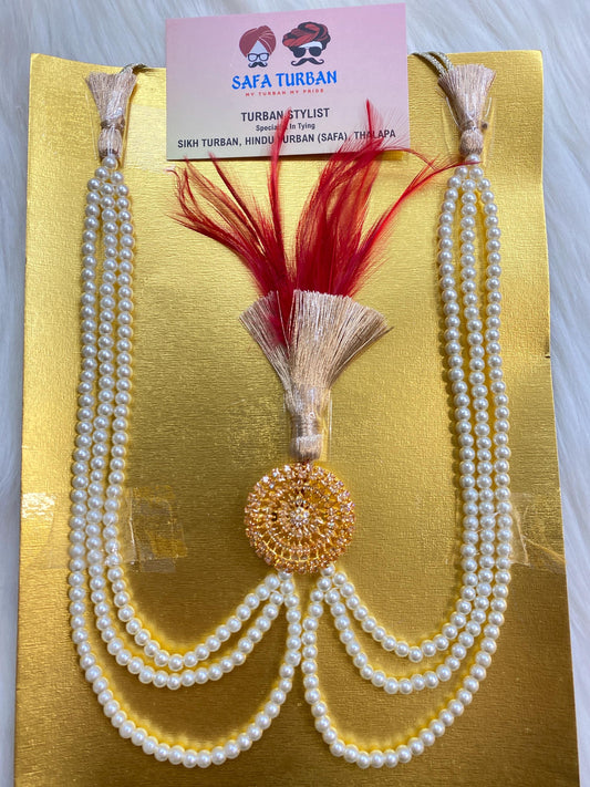 Indian Wedding Accessories-  AD-Golden Kalgi For Groom Turban/Safa With Pearl Stands