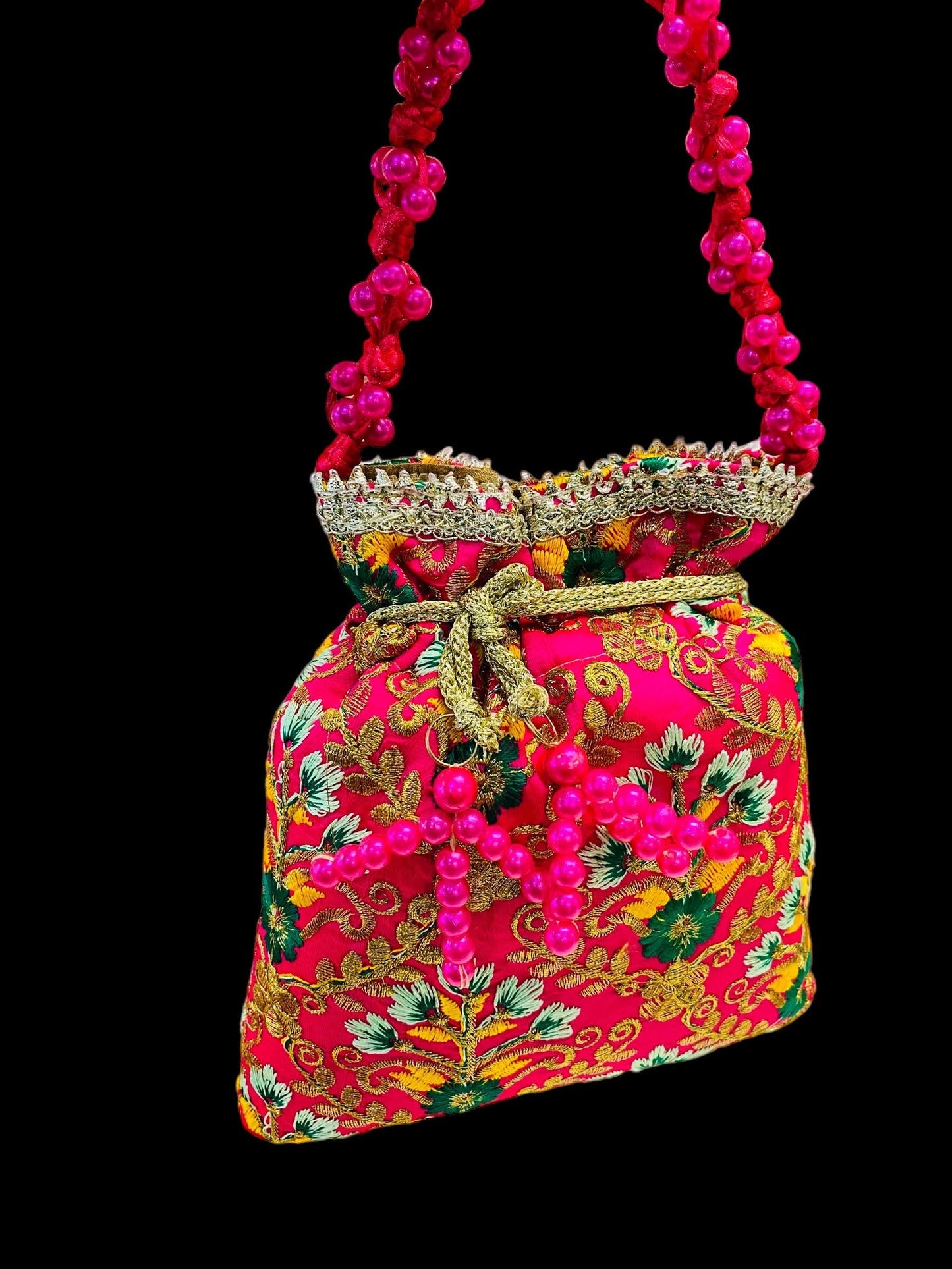 Designer Multicolored Potli Bag for women with  Embroidery and Pearl Handle
