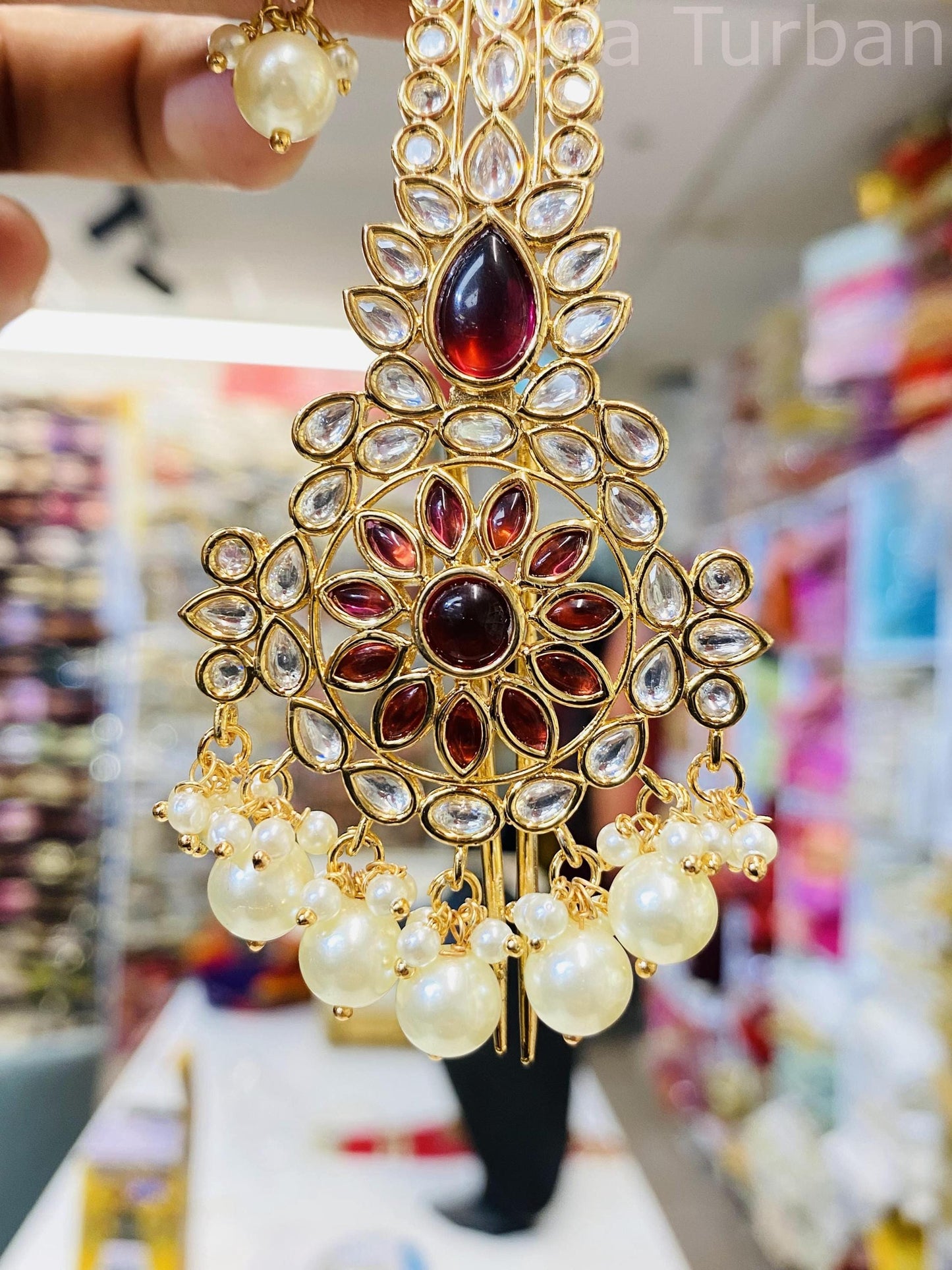 Indian Groom Wedding Accessories- MAROON- Pachi Kundan Kalangi/Kalgi for Men's Safa/Groom Pagdi