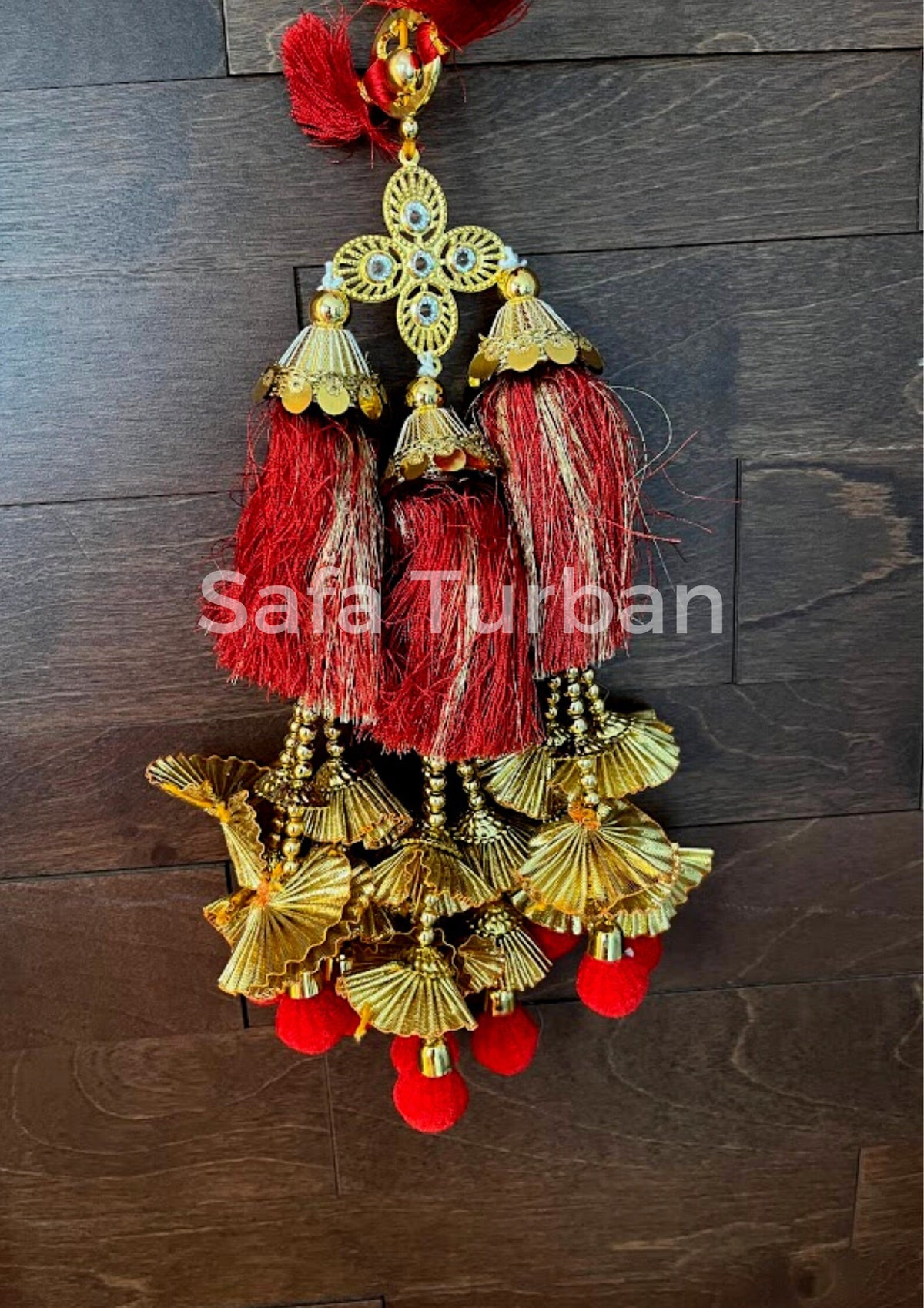 Punjabi Golden/Red Coloured Fabric Parandi Tassles Hair Extensions with Beads for Women and Girls (Sold per piece)