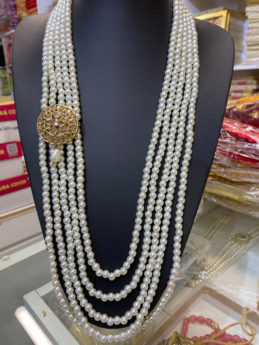 Indian Wedding-Pearl Necklace with Brooch, five Layered Maharaja Haar/ Necklace for Groom for Wedding