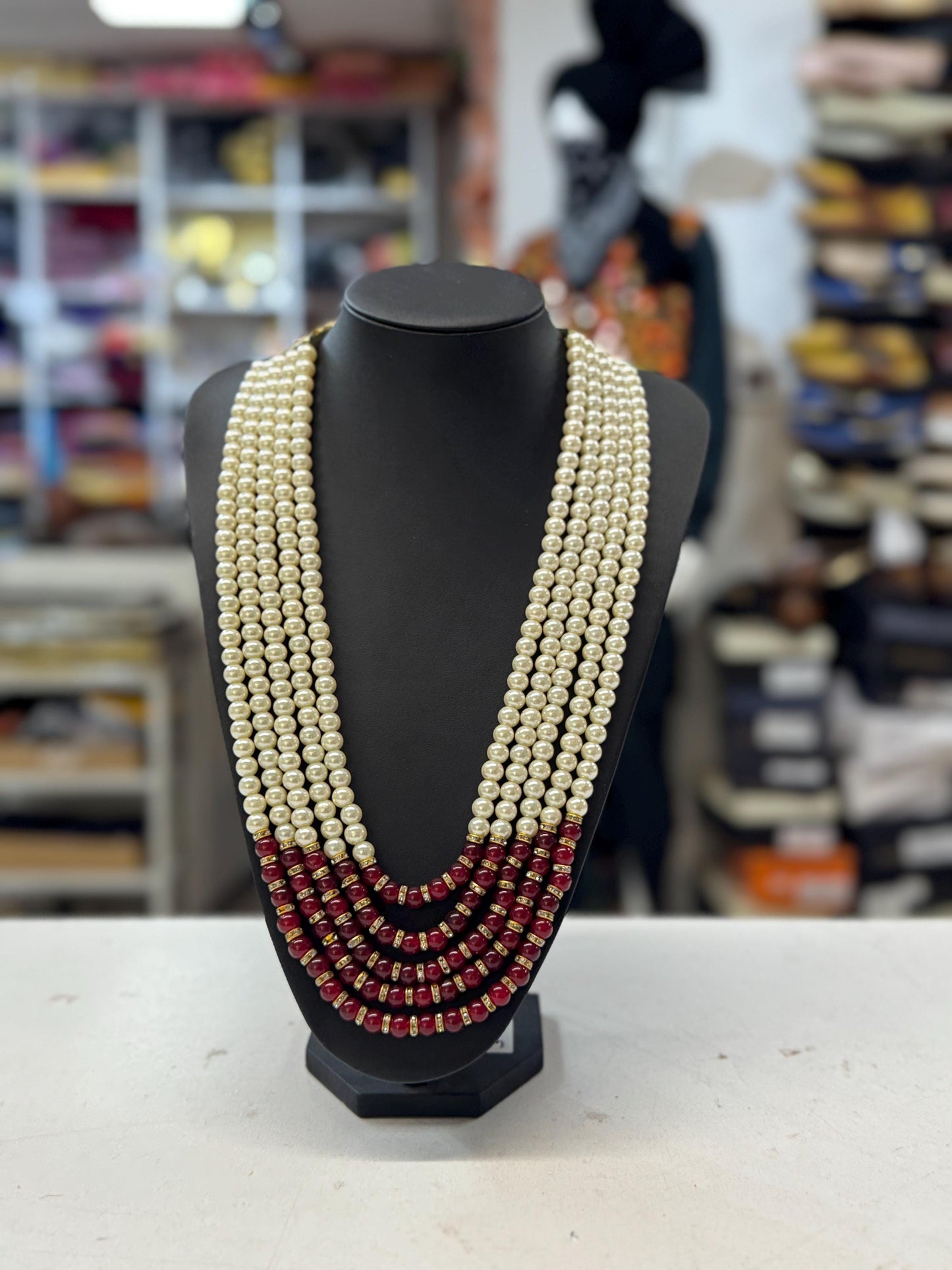 Indian Wedding- Red/Maroon (Bright Red) - White Pearl Necklace for Men/Groom for Wedding