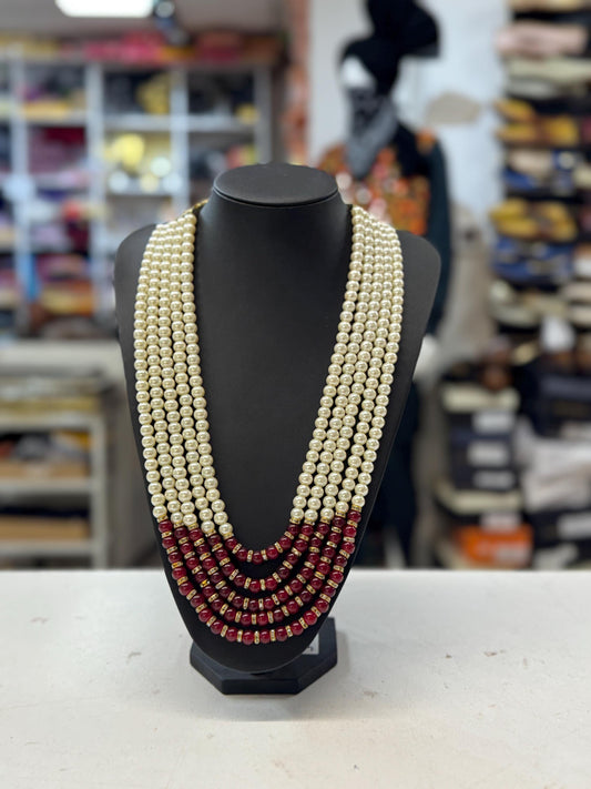 Indian Wedding- Red/Maroon (Bright Red) - White Pearl Necklace for Men/Groom for Wedding