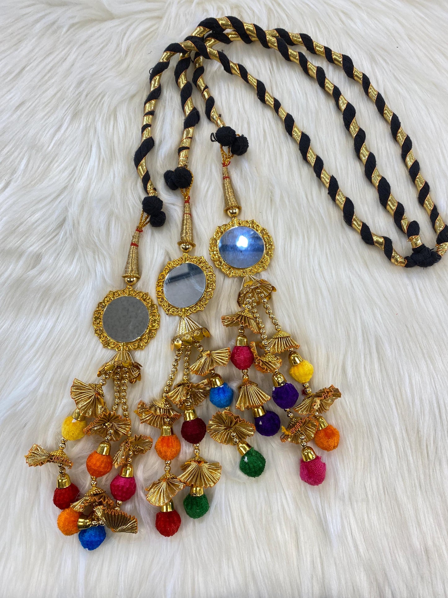 Punjabi Golden and multi Colour Fabric Parandi Tassles Hair Extensions with Beads for Women and Girls (Sold per piece)