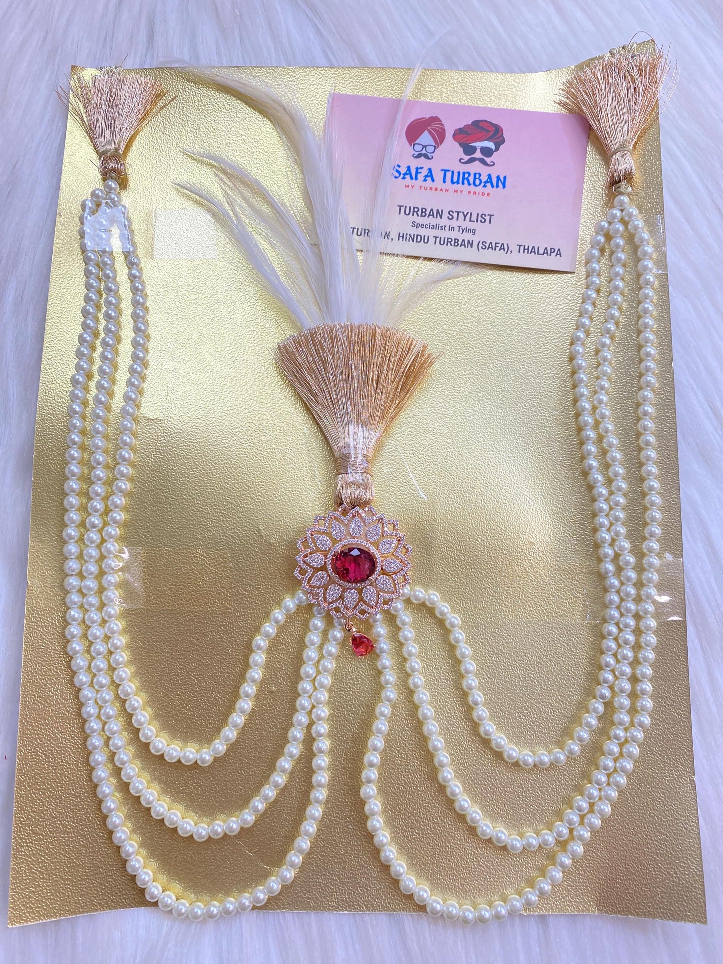 Indian Wedding Accessories-  Kalangi/Kalgi for Men's Safa/Groom Turban (Red beads with white pearl string chain)