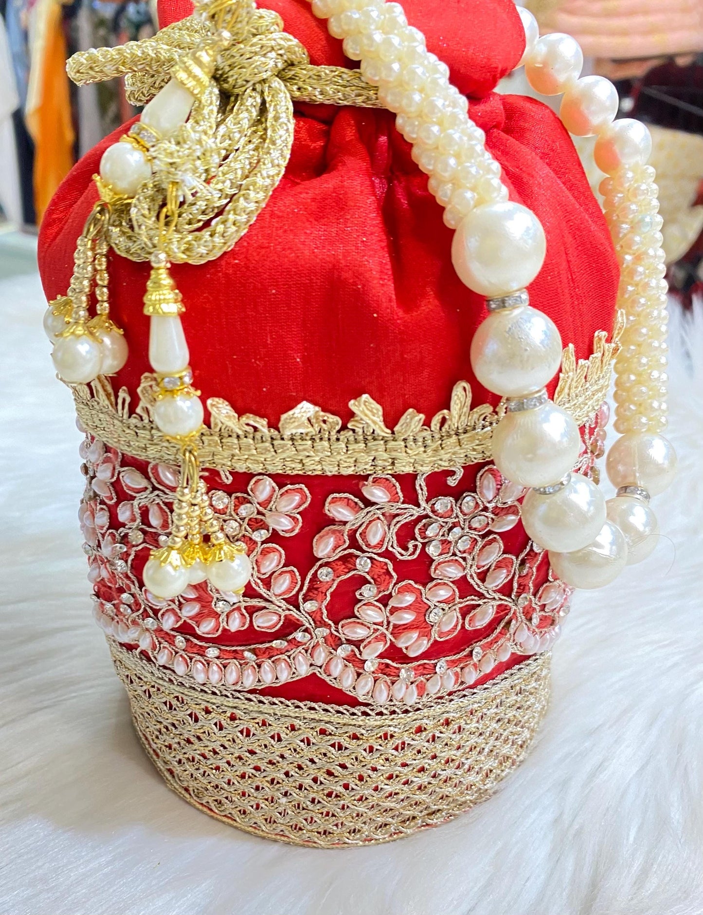 Designer Bridal Potli Bag for women with Embroidery and Embellished Stones- Red