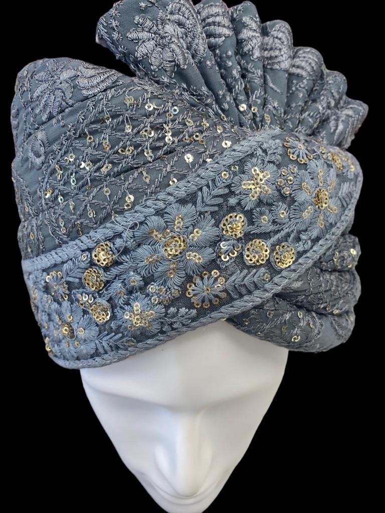 Groom Wedding Turban- Grey Chikankari AdjustableTurban(with velcro)- Safa Turban/Pagdi/Premade Turban/ Wedding Safa/Turban/Pagdi for Men